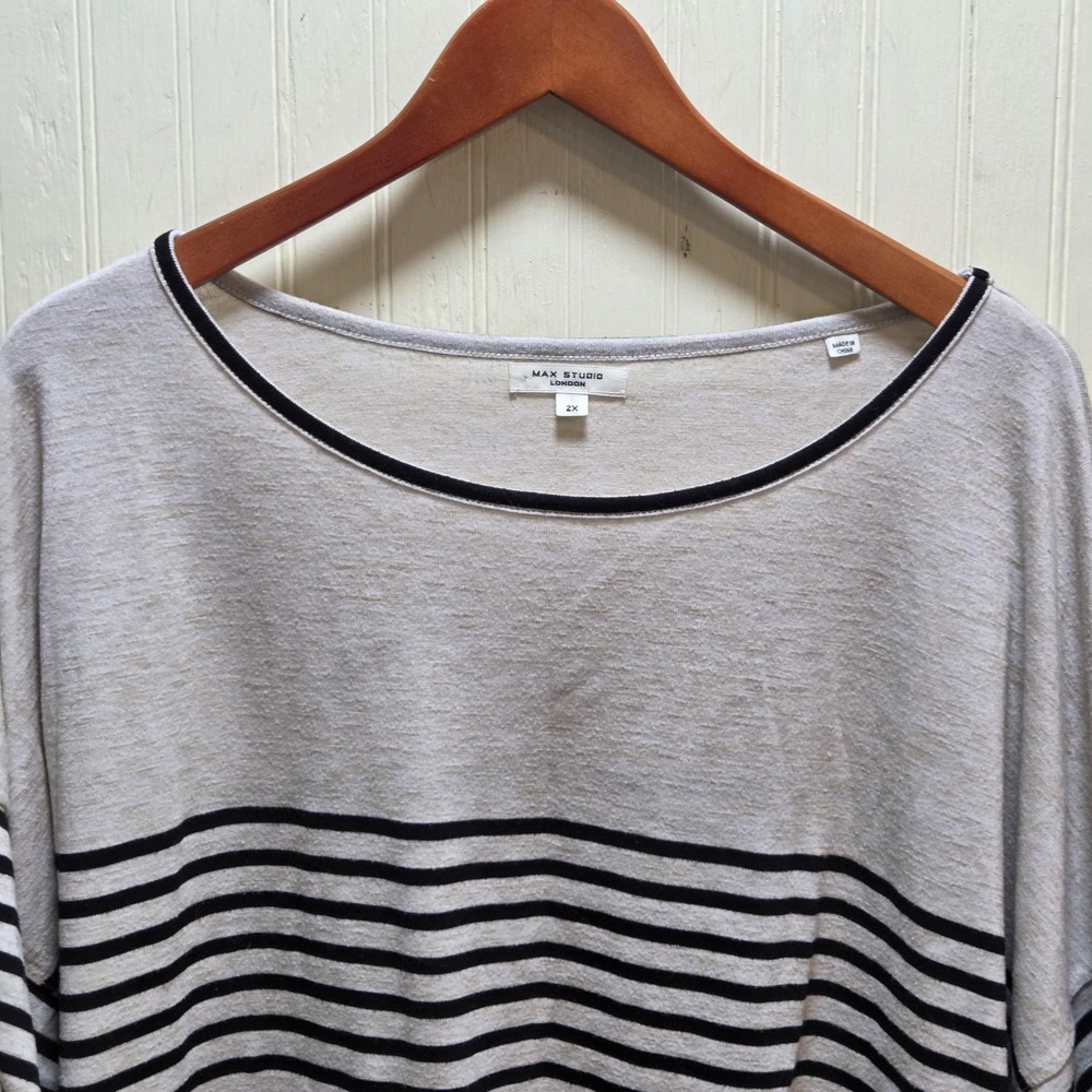 Max Studio Shirt Womens Plus 2X Gray Striped Boat Neck 3/4 Roll‎ Tab Tunic Top